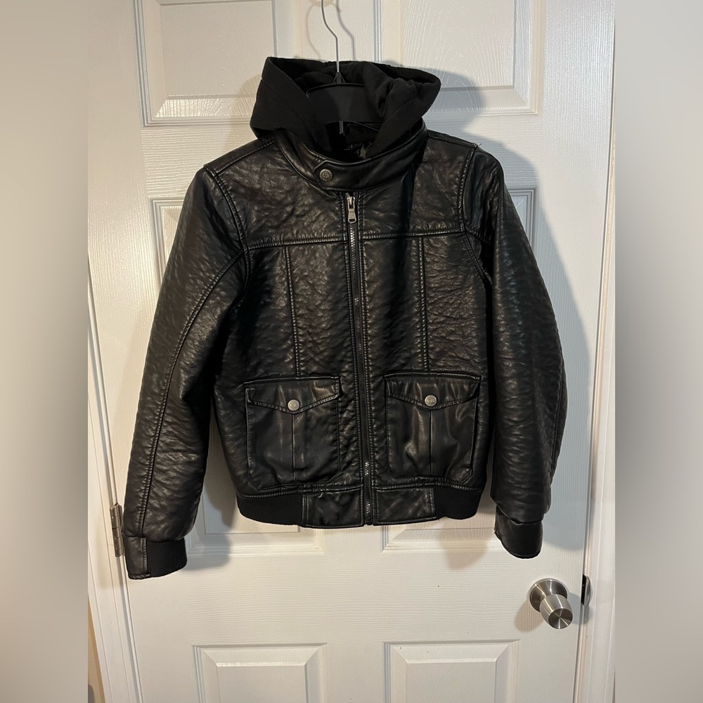 🎬Great Condition: Bomber Faux Leather jacket with hood